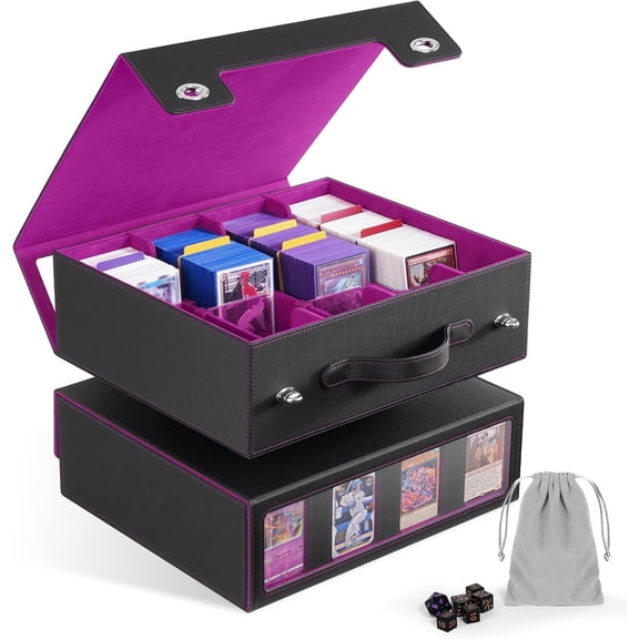 MTG Storage Box 4-Row with Handle, MTG Deck Box Holds 3000+ Trading Cards with Portable Handle Dice Tray, Commander Storage Card Case for Top Loaders TCG PTCG Sport Card(Black&Purple)