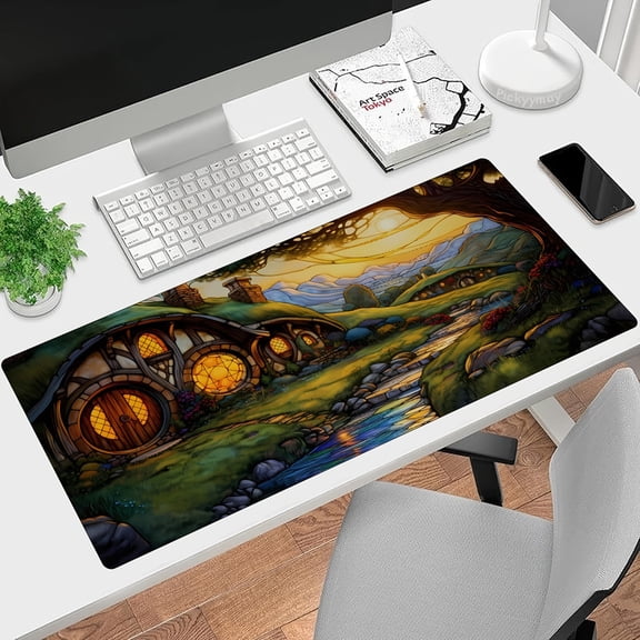 MTG-Themed Dream of the Shire Large Gaming Mouse Pad & Desk Mat - Ultra-Smooth Keyboard Surface, Non-Slip Waterproof Rubber Base, Stitched Edges, Fantasy Landscape Design 31.5x11.8 inch for Offic