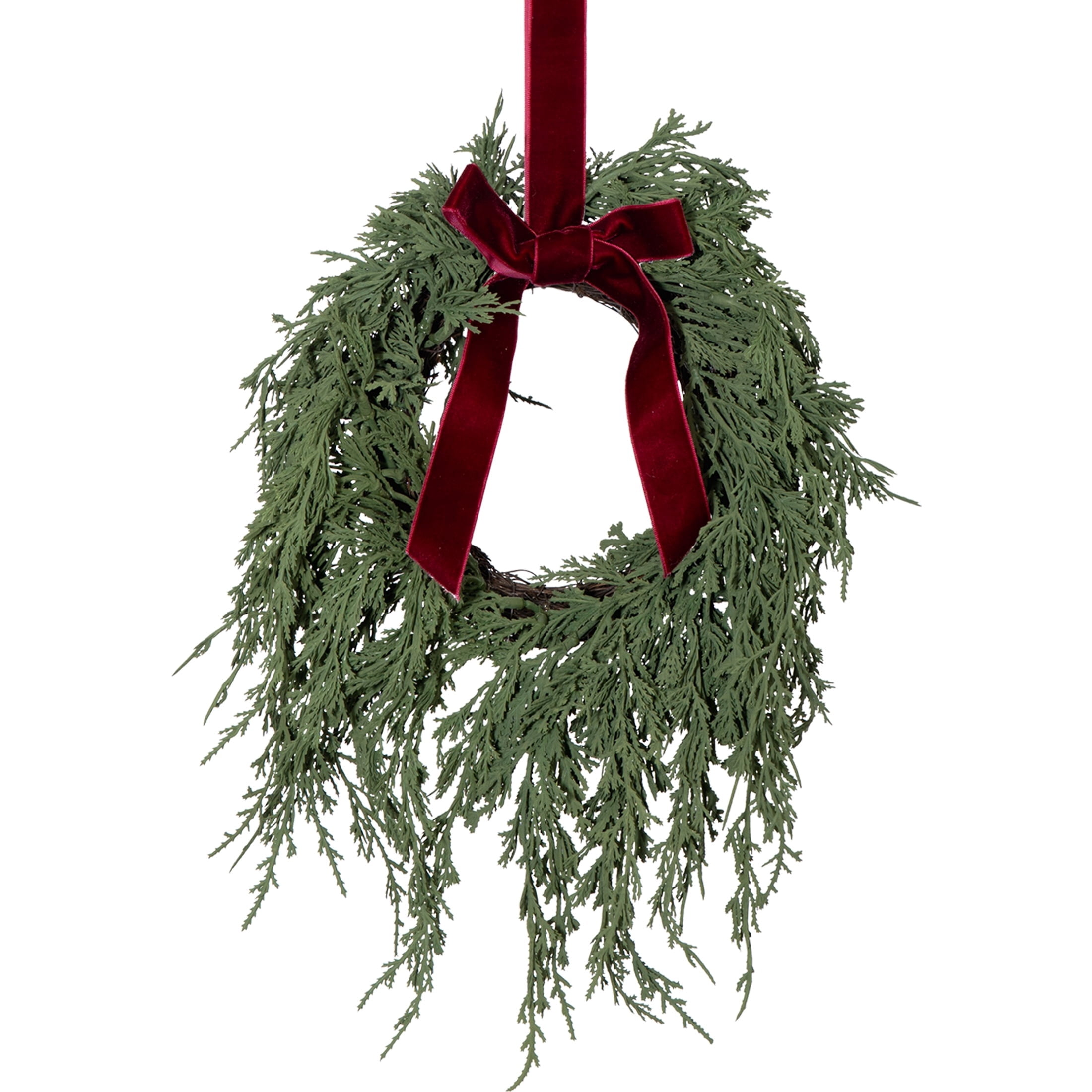 My Texas House Evergreen Artificial Christmas Wreath with Velvet Ribbon, Green and Red, 12"