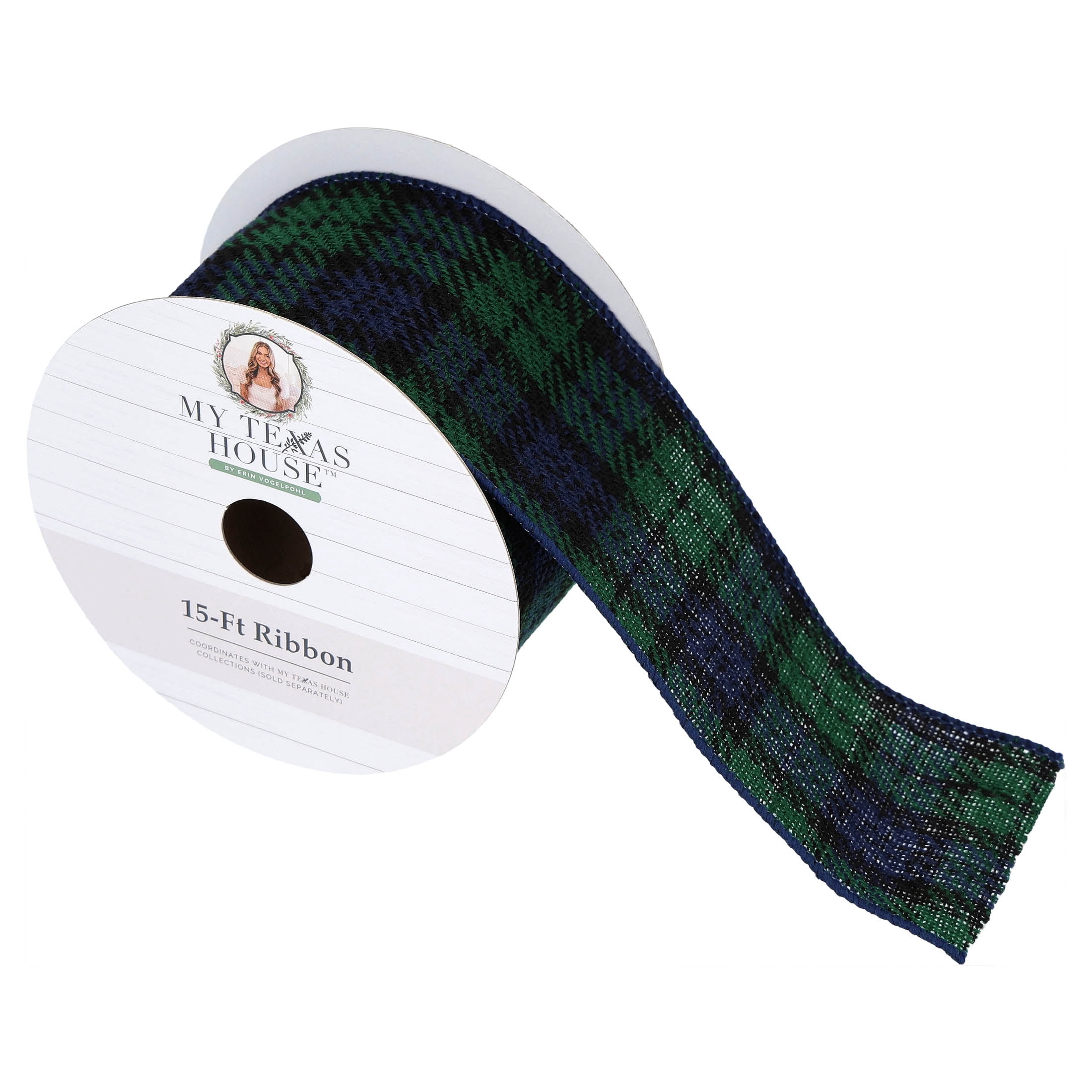 My Texas House Blue and Green Plaid Christmas Ribbon, 2.5" x 15'
