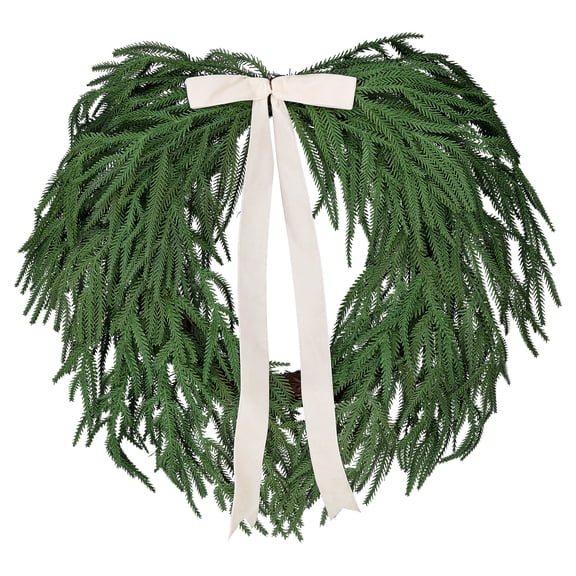 My Texas House Natural Feel Norfolk Artificial Christmas Wreath with Bow, Green, 22"