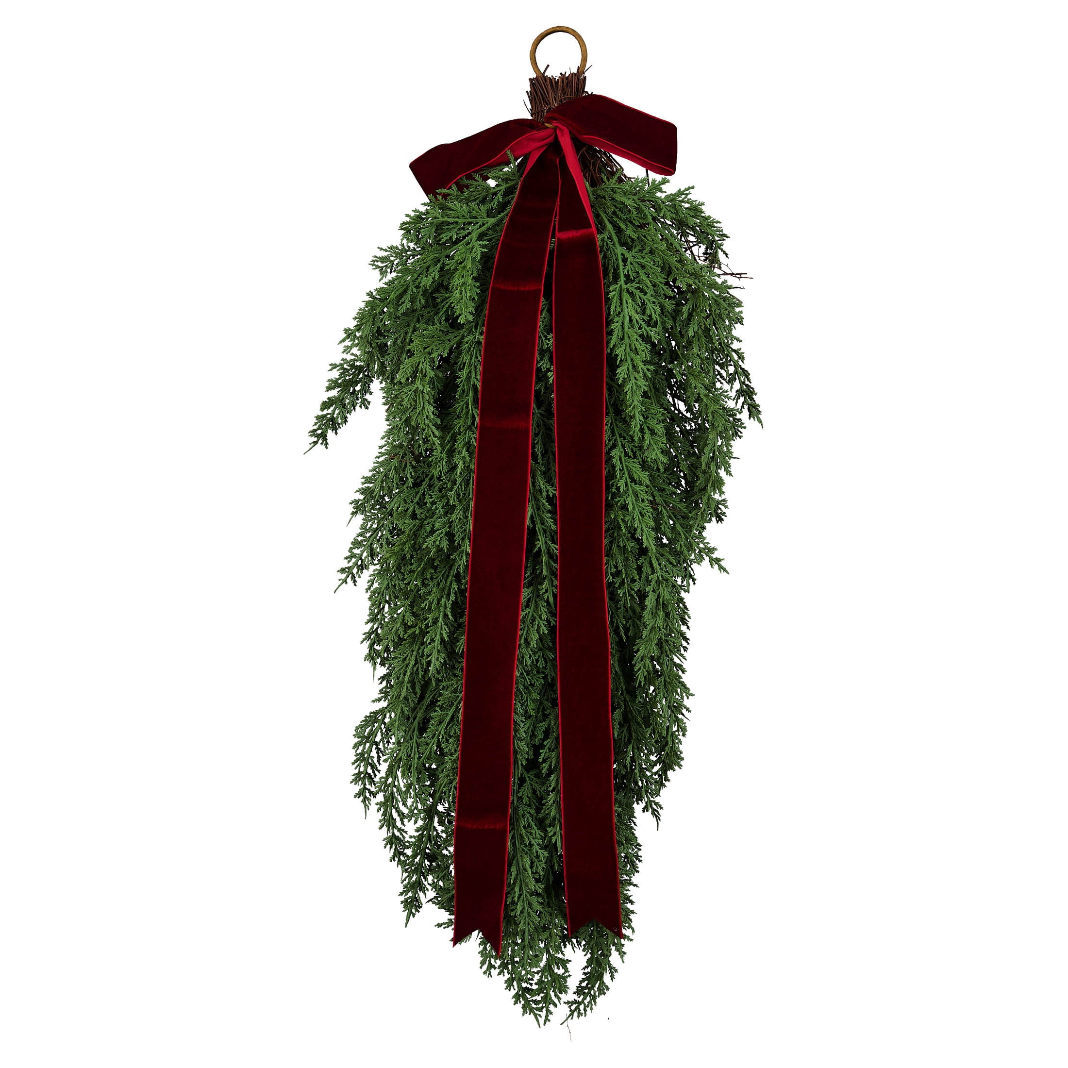 My Texas House Natural Feel Cedar Artificial Christmas Swag with Velvet Bow, Green and Red, 28"