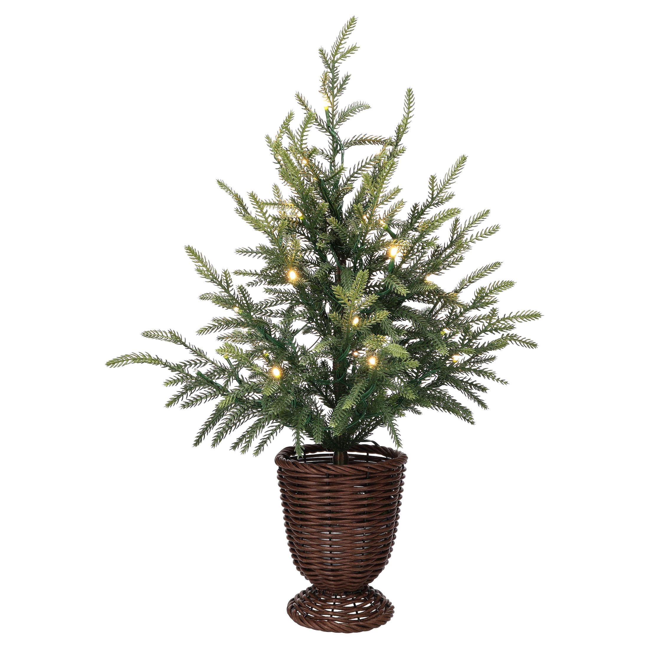 My Texas House 2' Small Pre-Lit Norfolk Pine Green Artificial Christmas Tree with 30 Warm White Twinkle LED Lights in Woven Basket