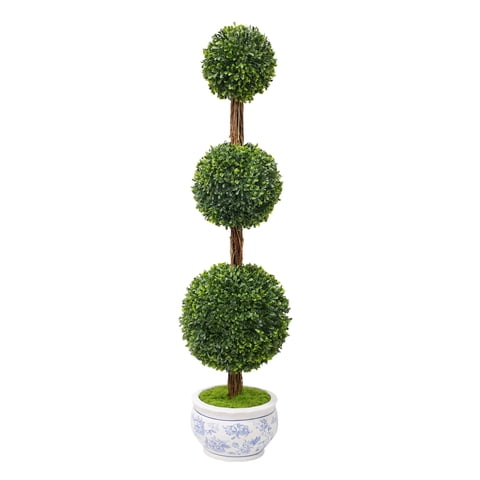 My Texas House Boxwood Artificial 3' Topiary with Blue Floral Pot