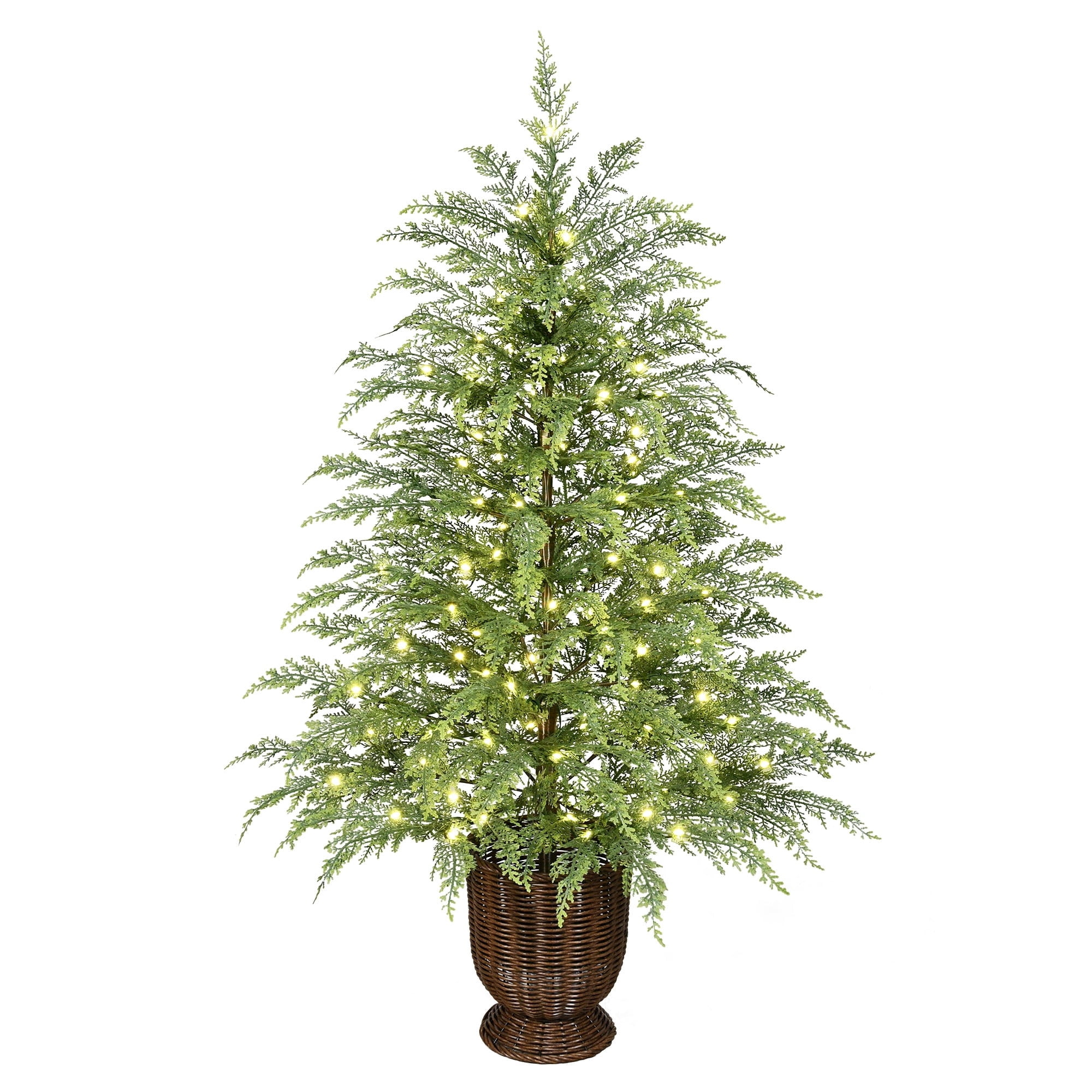 My Texas House 4' Pre-Lit Cypress Green Artificial Christmas Tree with 100 Warm White Twinkle LED Lights in Woven Basket