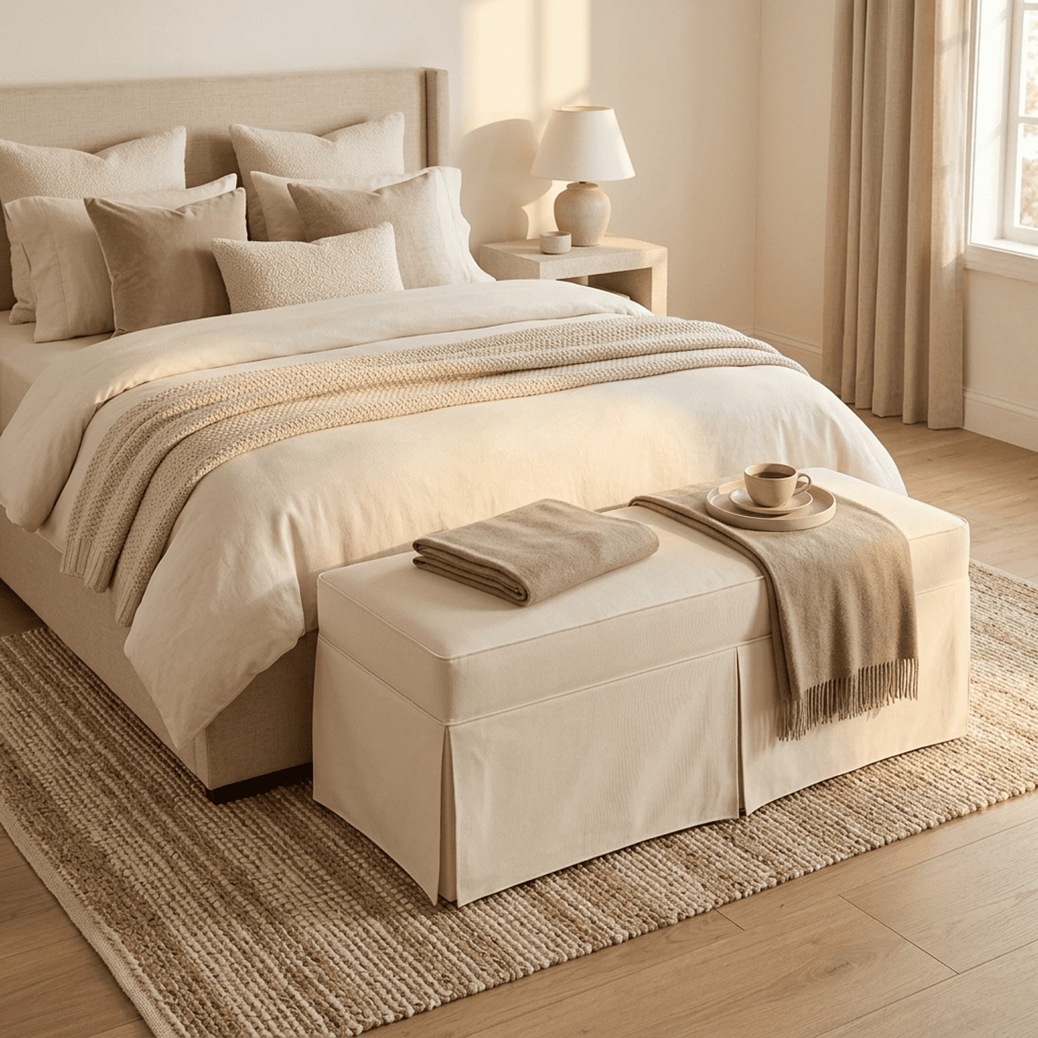 My Texas House Clementine Upholstered Skirted Bench, Taupe