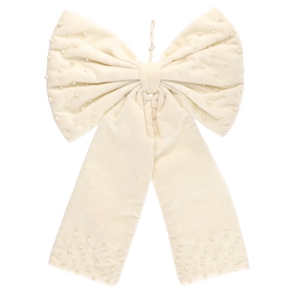 My Texas House Cream Velvet Beaded Decorative Christmas Bow, 13"