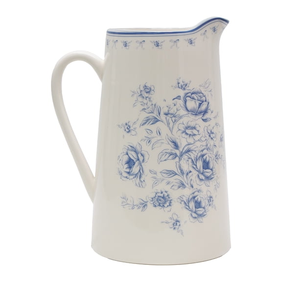 Floral Stoneware Pitcher, Blue and White, 3 qt, by My Texas House