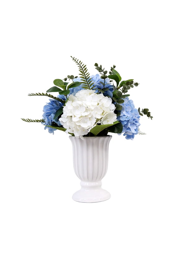 Faux Hydrangeas in Vase, Blue and White, 16.25"