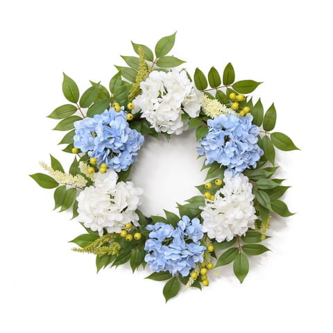 My Texas House Blue And White Artificial Hydrangea Wreath, 24"
