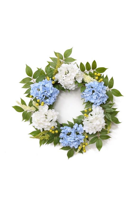 Blue And White Artificial Hydrangea Wreath, 24"