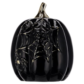My Texas House Halloween Large Stoneware Spiderweb Pumpkin Tabletop Decoration, Black and Gold, 7"