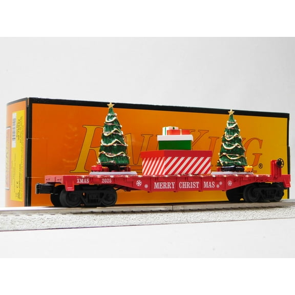 MTH RAILKING CHRISTMAS FLATCAR WITH LIGHTED CHRISTMAS TREES O GAUGE 30-76942