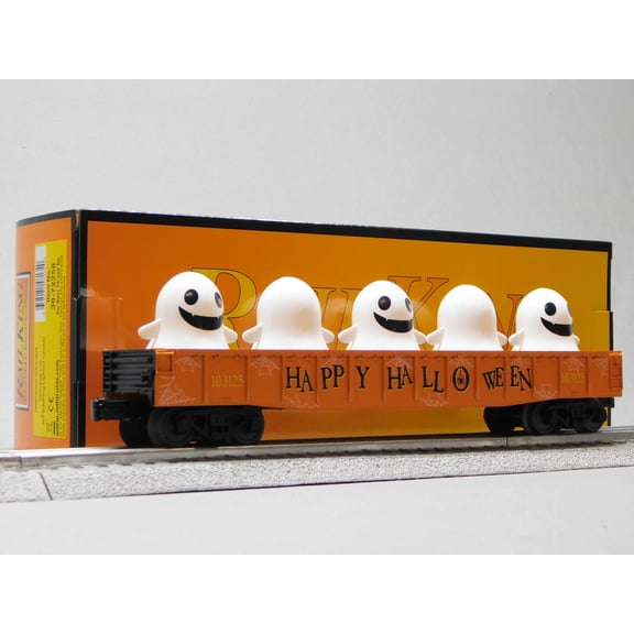 MTH RAILKING HALLOWEEN GONDOLA W/ ORANGE FLICKERING LIGHTED GHOSTS 30-72258
