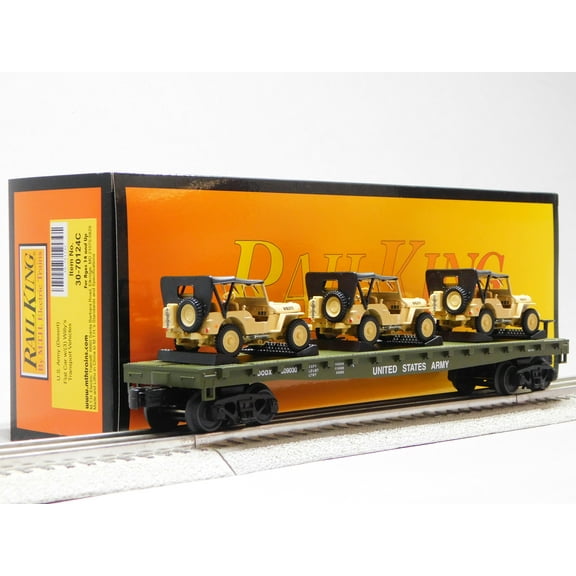MTH RAILKING US ARMY FLAT CAR W/ WILLY'S TRANSPORT JEEP O GAUGE 30-70124C