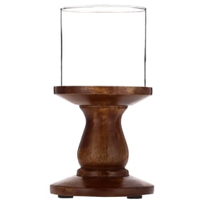 My Texas House Fall Small Wood and Glass Hurricane Candle Holder, Brown, 9"
