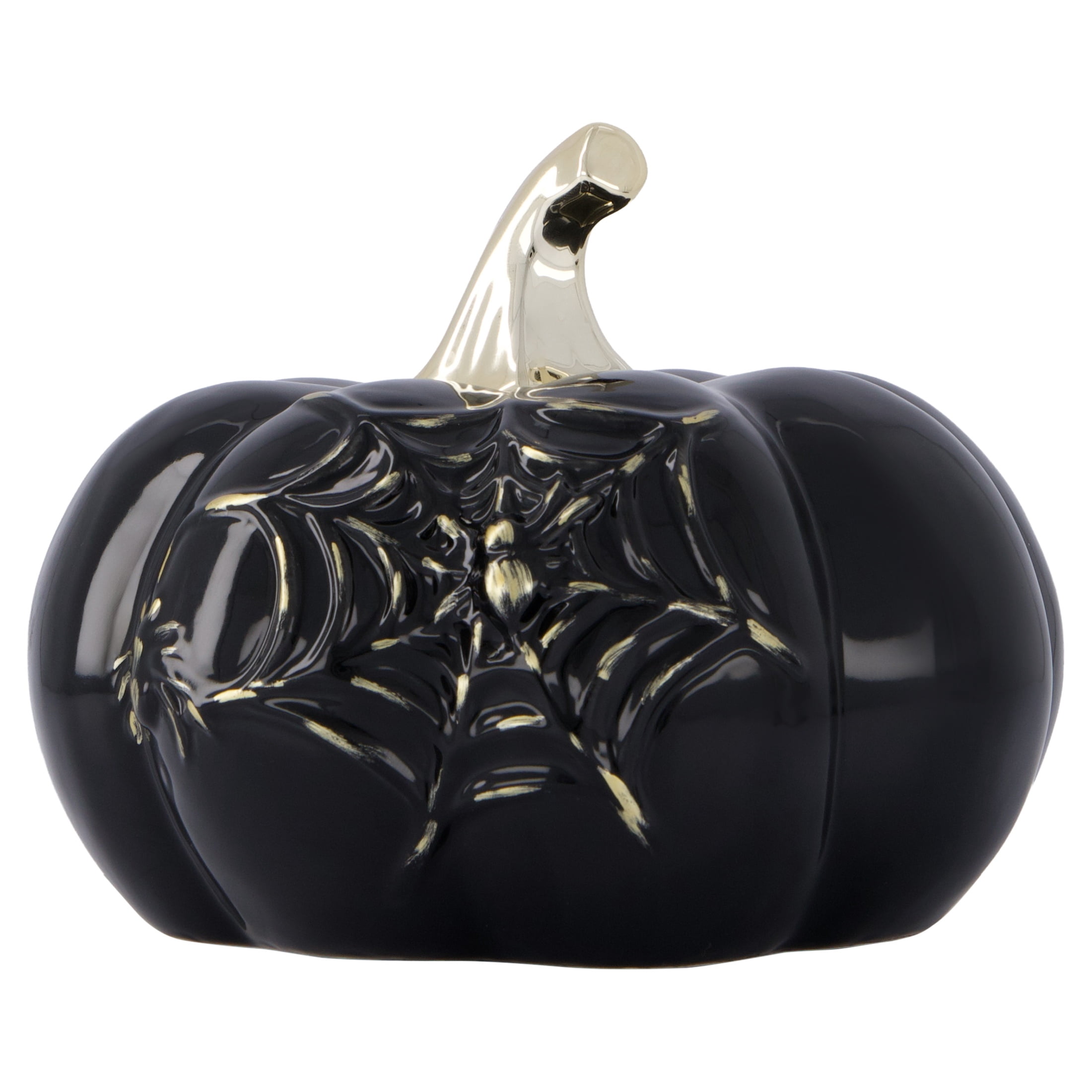 My Texas House Halloween Small Stoneware Spiderweb Pumpkin Tabletop Decoration, Black and Gold, 5"