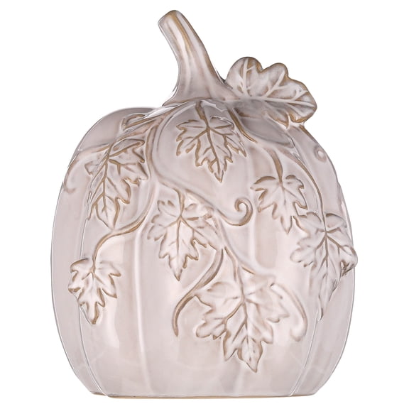 My Texas House Fall Small Ceramic Pumpkin with Vine Accents Tabletop Decoration, White, 7"