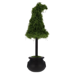 My Texas House Halloween Moss Witch Hat Topiary in Cauldron, Green and Black, 20"