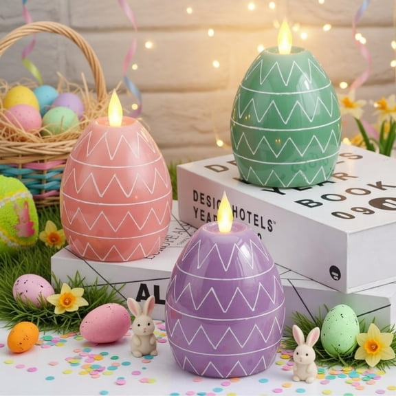 MTLEE 3 Pcs Easter Egg Candles 3 Color Scented Real Wax Led Easter Flameless Candles Spring Battery Operated Egg Shaped Holiday Home Living Party Decoration Centerpiece