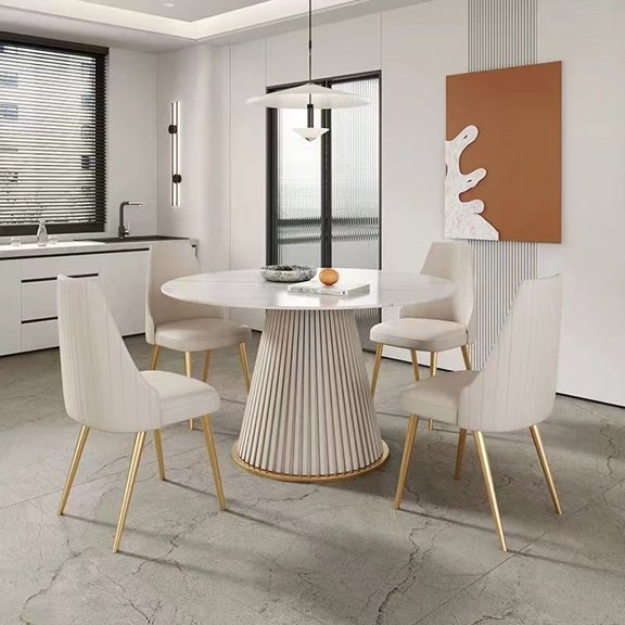 MTLSGKZ 53 inch Modern Round Sintered Stone Dining Table with 304 Stainless Steel Tripod Base and 4 Chairs, for Kitchen