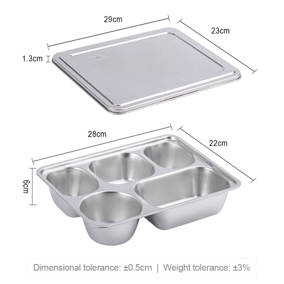 MTM 304 Stainless Steel 5-Compartment Tray with Cover Leakproof Bento Lunch Tiffin Box for School Catering Dining Work Use