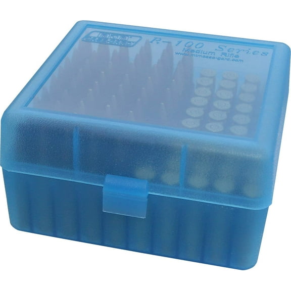 MTM R-100 AMMO BOX MED CAL 243/308 100RD CLEAR BLUE