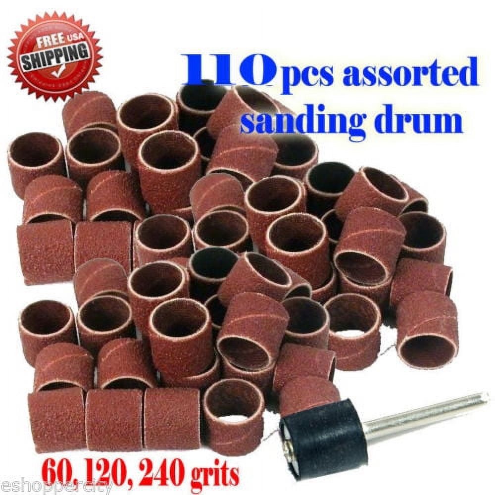 MTP 110+1 Pcs Assorted Grits with Rubber Mandrel Rotary Tool Sanding Drum  1/2 x 1/2 For Dremel Foredom 1/8 Craftsman (60/120/240 Grits) Abrasive 