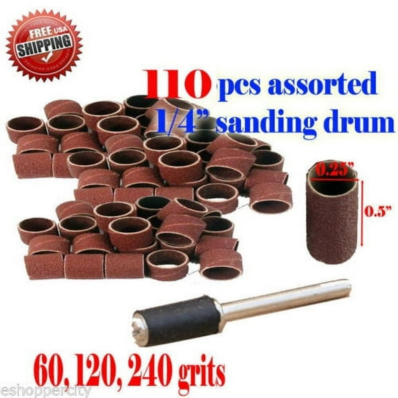 MTP 110+1 pc Assorted Grits with 1/4" Rubber Mandrel Rotary Tool Sanding Drum 1/4" x 1/2" For Dremel Foredom 1/8" Craftsman (60/120/240 Grits) Abrasive