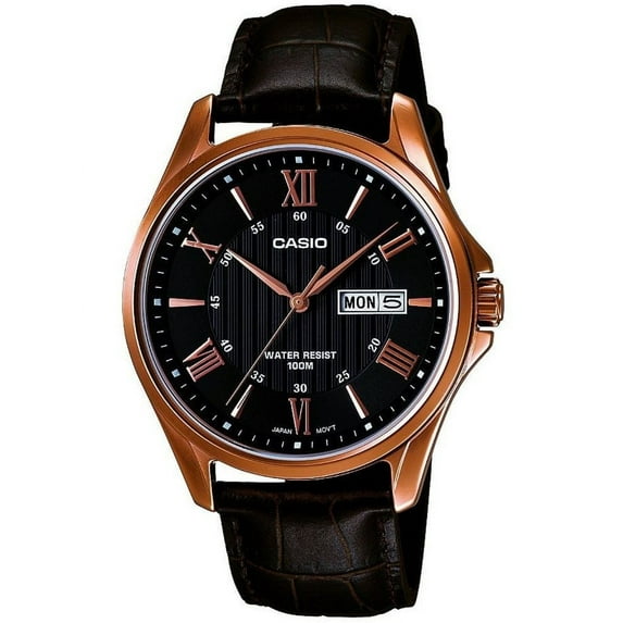 MTP-1384L-1AVDF Men's Analog Display Quartz Watch, Black Leather Band, Round 41mm Case