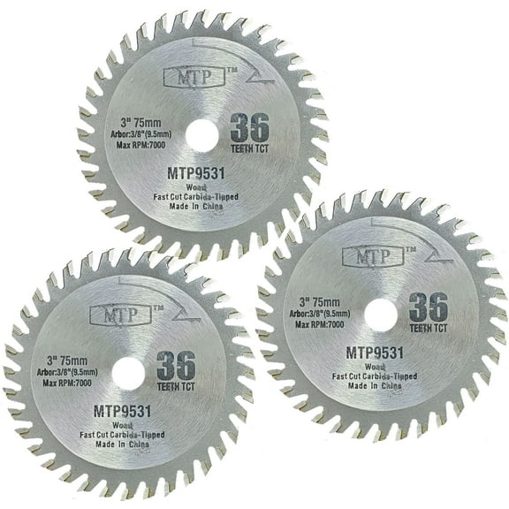 MTP 3" Pack of 3 (9.5mm) 3/8" 3x3/8 Wood Plastic 36T TCT Cutting Blade Compatible For Ryobi Ridgrid Milwaukee Dewalt 3/8" arbor Cut Worx Off Saw