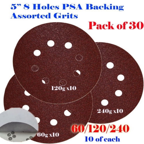 MTP ® 5" 8 Holes PSA Self Adhesive 60/80/120/180/240/320 Grit Sanding Abrasive Disc Stick On Sandpaper Peel and Stick Type 5 Inches DA Pressure Sensitive Adhesive