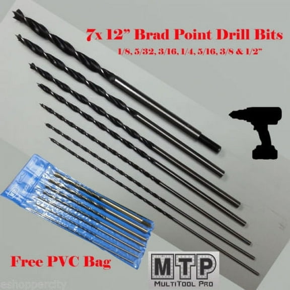 MTP  7X 12" Extra Long Brad Point Drill Bit 1/8 5/32 1/4 5/16 3/8 1/2 Wood Hole Free Bag