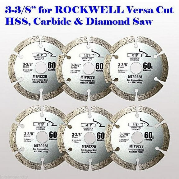 MTP Branded Pack of 6 Dimond 60 Grits 3-3/8-inch WOOD Circular Saw Blade for Rockwell Versacut Versa Cut, Makita Cordless 3-3/8" , Craftsman Nextec , Arbor Size 15mm 19/32" 0.59"