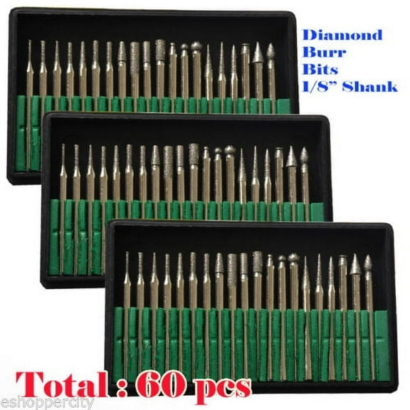MTP Diamond Burr Bits 1/8 Inch Shanks with Storage Case, 60 Pieces (3 Box)