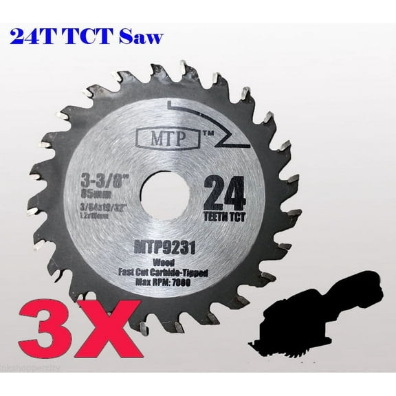 MTP® Pack of 3,  24T Carbide Tip 3-3/8 inch WOOD Circular Saw Blade for Rockwell Versacut Versa Cut RK3440K , Makita Cordless 3-3/8" , Craftsman Nextec , Arbor Size 15mm 19/32" 0.59"