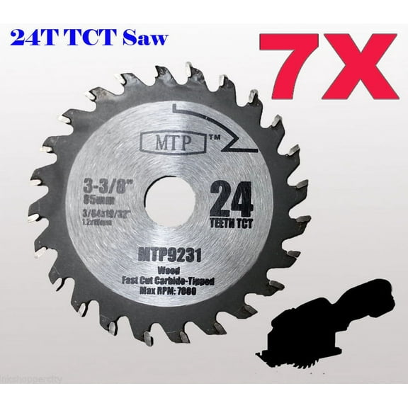 MTP Pack of 7, 24T Carbide Tip 3-3/8 inch WOOD Circular Saw Blade for Rockwell Versacut Versa Cut RK3440K , Makita Cordless 3-3/8" , Craftsman Nextec , Arbor Size 15mm 19/32" 0.59"