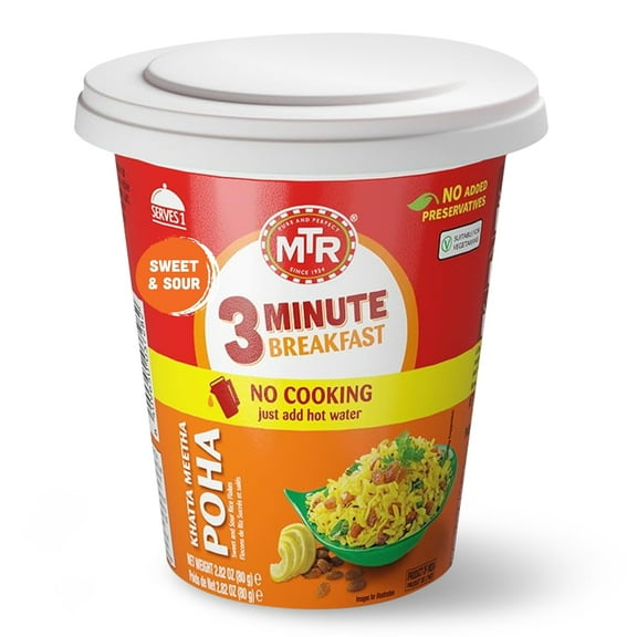 MTR 3 Minute Khatta Meetha Poha (80g, Pack of 6)  Sweet & Tangy Instant Indian Poha, Just Add Hot Water, No Preservatives, Vegetarian Cup Snack