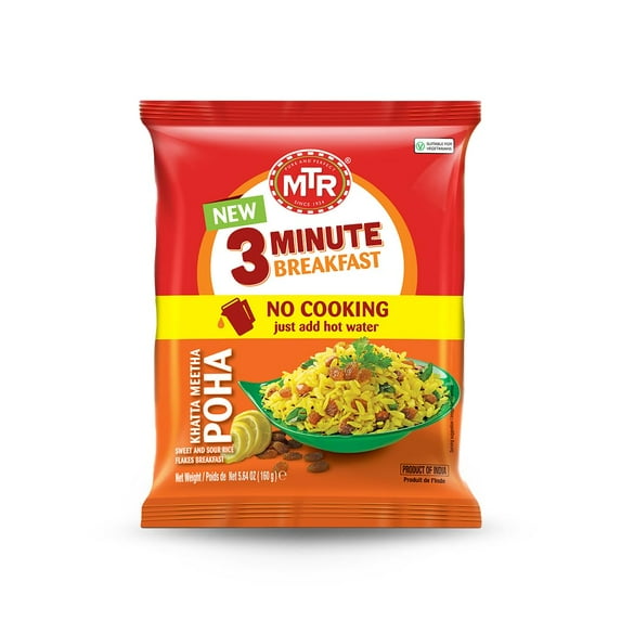 MTR 3 Minute Khatta Meetha Poha (160g, Pack of 6) – Sweet & Tangy Indian Poha Mix, Ready in 3 Mins, No Preservatives, Vegetarian, Easy & Quick