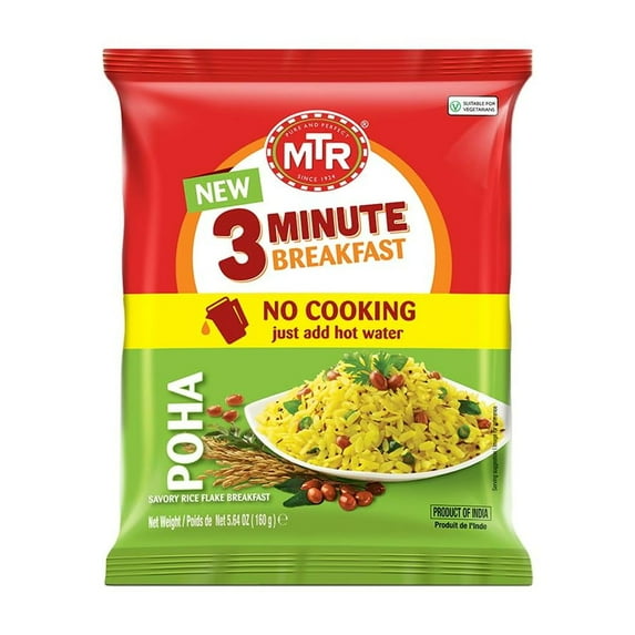 MTR 3minute Poha - ESF27 Ready-to-Cook Mix - Authentic Indian in Just 3 Minutes - 100% Vegetarian - No Added Preservatives - Just Add Hot Water - Quick & Easy ((Regular Poha - 160g, Pack of 6)