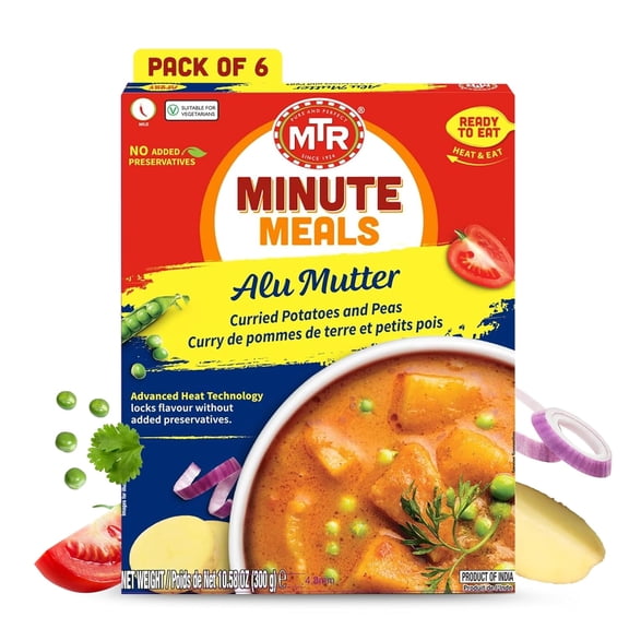 MTR Aloo Mutter - Curried Potatoes and Peas - Authentic Indian Ready-to-Eat Meal with No Added Preservatives - A Quick Meal Suitable for Vegetarians, Ready in Minutes (300g, Pack of 6)