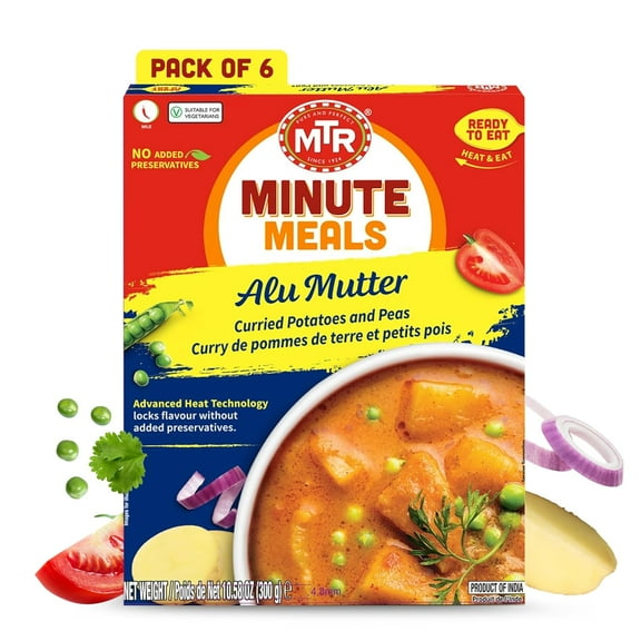 MTR Aloo Mutter - Curried Potatoes and Peas - Authentic Indian Ready-to-Eat Meal with No Added Preservatives - A Quick Meal Suitable for Vegetarians, Ready in Minutes (300g, Pack of 6)