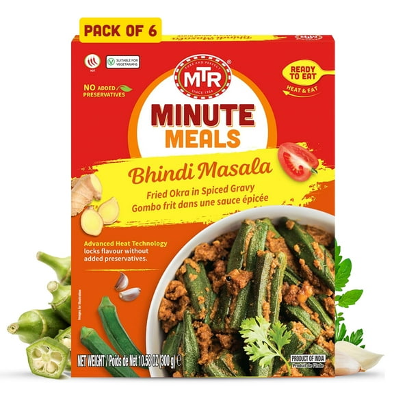 MTR Bhindi Masala - Fried Okra in Spiced Gravy - Authentic Indian Ready To Eat Meal - Plant-Based, Delicious Microwave Food - Perfect for Quick and Nutritious Indian Cuisine Lovers (300g, Pack of 6)