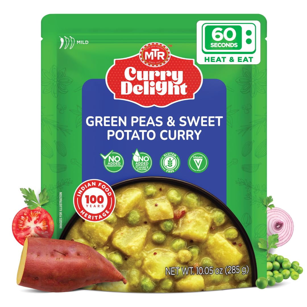 MTR Curry Delight Green Peas & Sweet Potato 285g | Authentic Indian Ready-to-Eat Curry | 100% Veg | No Added Preservatives | Serves 2 | Pack of 6