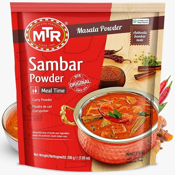MTR Sambar Powder Ready Mix Authentic Indian Curry Powder Blend of Turmeric, Red Chili, Fenugreek & Asafoetida Great Aroma & Flavor Perfect for Flavorful Sambar Broth (200g, Pack of 1)