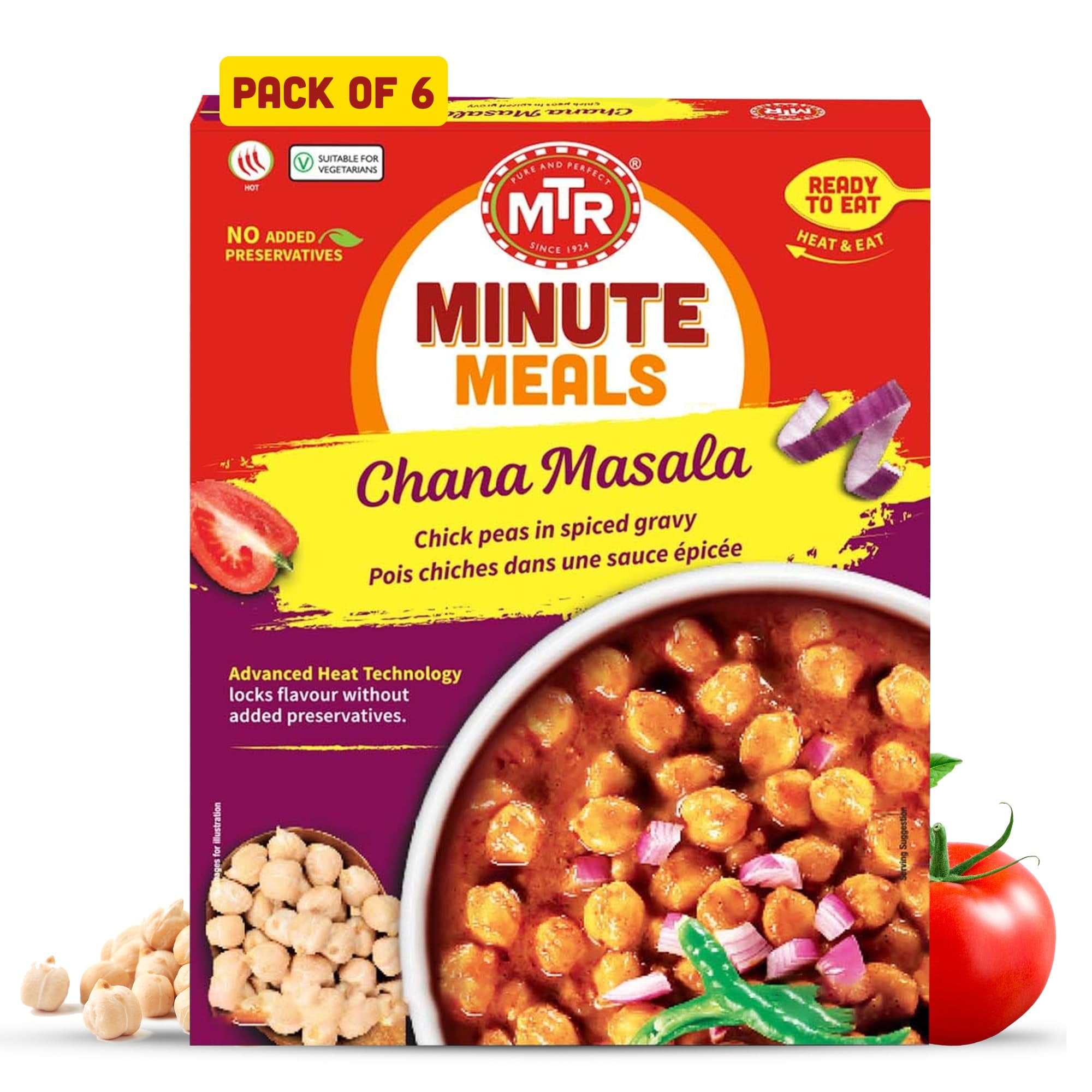 MTR Chana Masala - Savory Chickpeas in Spiced Gravy - Authentic Indian Ready-to-Eat Meal - No Added Preservatives - A Quick Meal Suitable for Vegetarians, Ready in Minutes! (300g, Pack of 6)