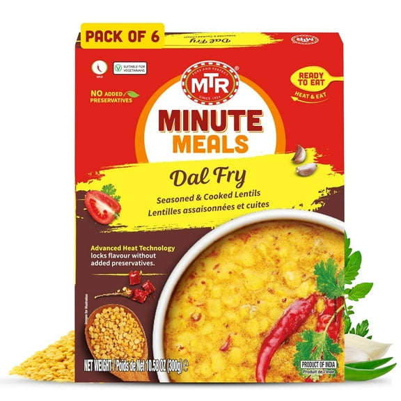 MTR Dal Fry - Flavorful Seasoned & Cooked Lentils - Authentic Indian Ready-To-Eat Meal - No Added Preservatives - A Quick Meal Suitable for Vegetarians, Ready in Minutes! (300g, Pack of 6)