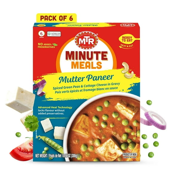 MTR Mutter Paneer - Spiced Green Peas & Cottage Cheese in Gravy - Tasty Indian Meal with No Added Preservatives - A Quick Meal Suitable for Vegetarians, Ready in Minutes! (300g, Pack of 6)