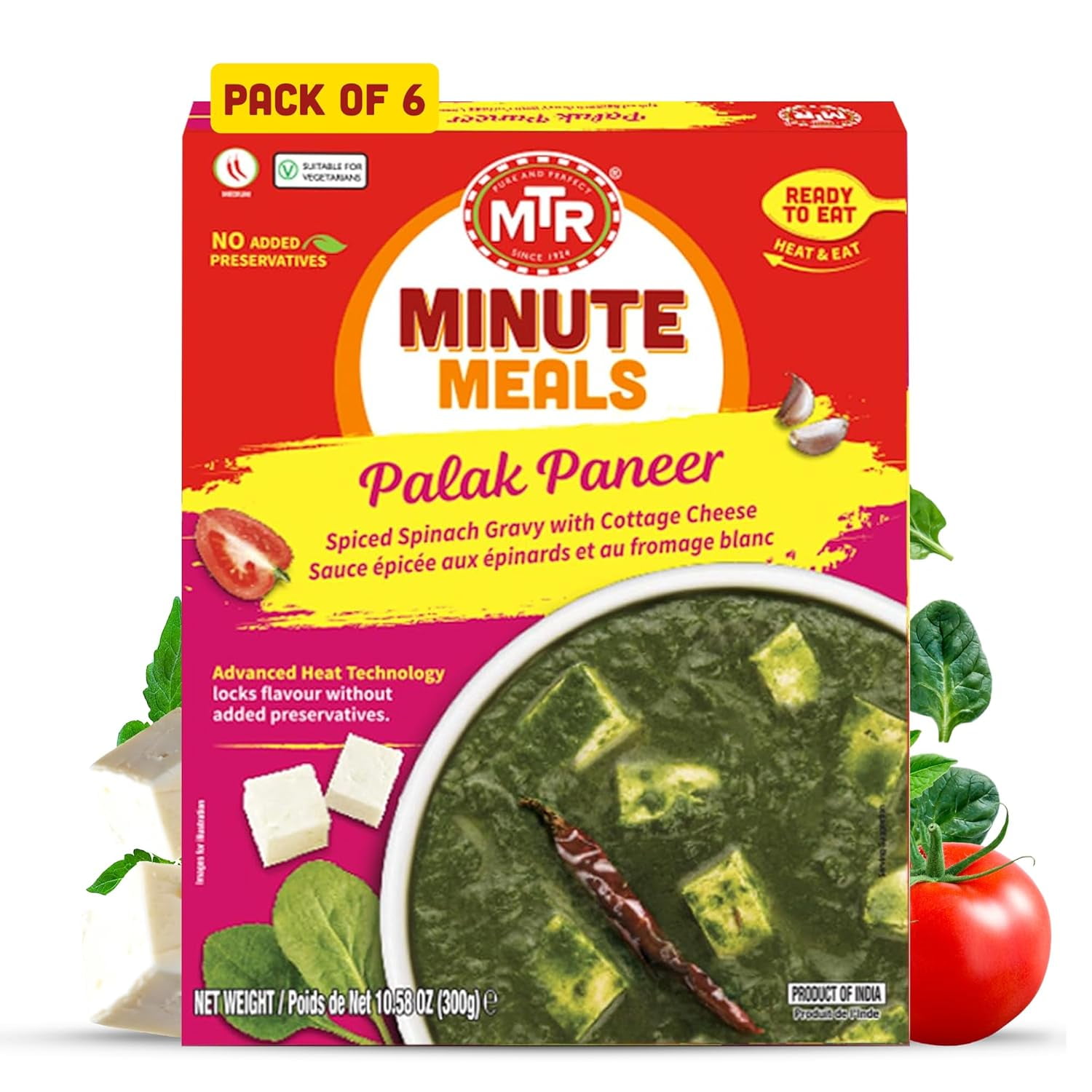 MTR Palak Paneer - Spiced Spinach Gravy with Cottage Cheese - Tasty Indian Meal with No Added Preservatives - A Quick Meal Suitable for Vegetarians, Ready in Minutes! (300g, Pack of 6)