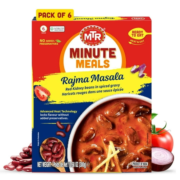 MTR Rajma Masala - Red Kidney Beans in Spiced Gravy - Authentic Indian Ready-to-Eat Meal - No Added Preservatives - A Quick Meal Suitable for Vegetarians, Ready in Minutes! (300g, Pack of 6)